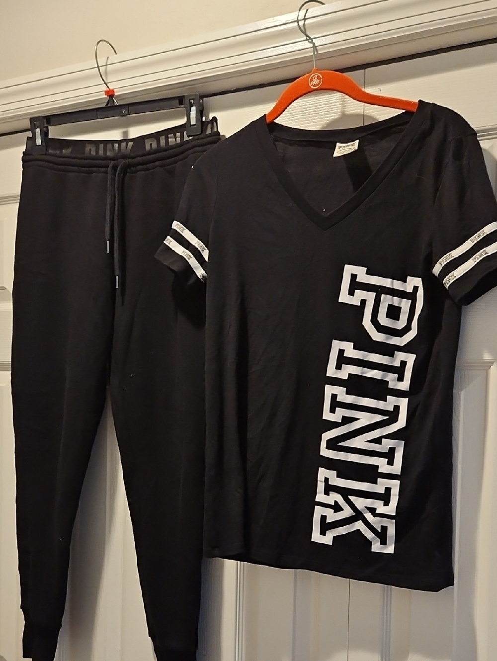PINK Black Logo V-Neck Tee and Joggers Set